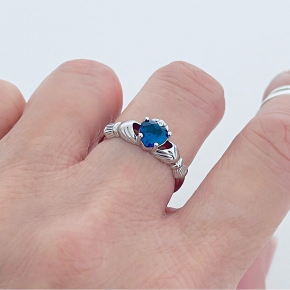 Sterling Silver Claddagh Blue Sapphire CZ Ring, September Birthstone - Picture 8 of 13